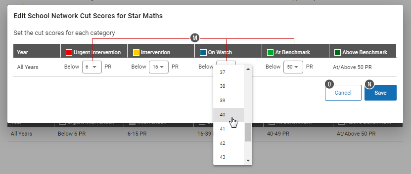 In this example, the drop-down list for the On Watch category has been selected; the user is setting it at a Percentile Rank of 40. The Save and Cancel buttons are at the bottom.