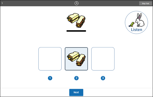 The test window for a hands-on question. The available answer has been selected and is on the blank line. A clock at the top means time for the question is running out. The Next button is at the bottom.