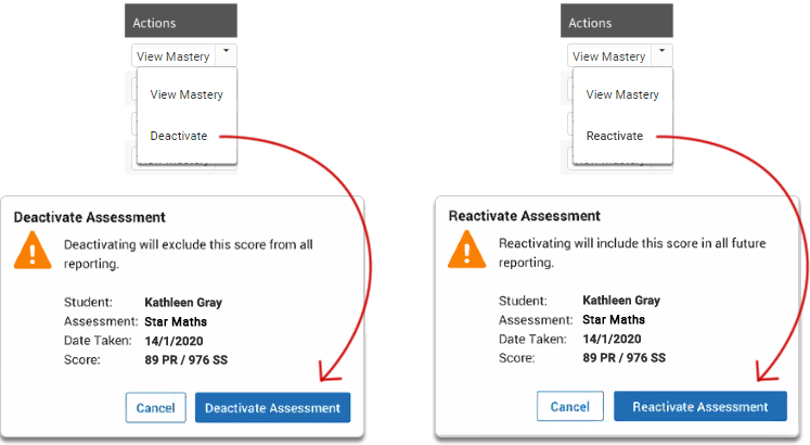 On the left, the Deactivate option was selected; the pop-up window reminds you that deactivating the assessment will exclude the assessment's score from all reporting. The name of the student, the type of assessment, the date taken, and assessment score are all shown; the Deactivate Assessment and Cancel buttons are at the bottom. On the right, the Reactivate option was selected; the pop-up window reminds you that reactivating the assessment will include the assessment's score in all reporting. The name of the student, the type of assessment, the date taken, and assessment score are all shown; the Reactivate Assessment and Cancel buttons are at the bottom.