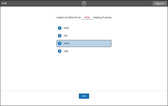 A sample practice question; an answer has been selected, but it has not been entered yet by selecting the Next button at the bottom. A clock at the top means time for the question is running out.