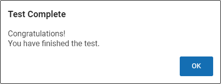 The message states: 'Congratulations! You have finished the test.' The OK button is at the bottom.