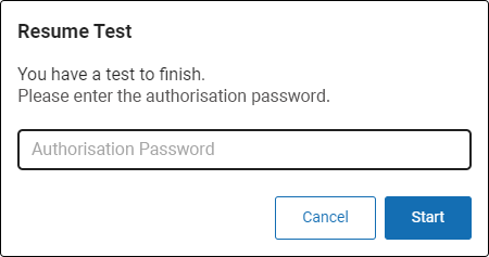 The Resume Test window, with a field to enter the authorisation password. The Start and Cancel buttons are at the bottom.