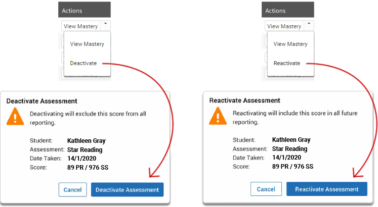 On the left, the Deactivate option was selected; the pop-up window reminds you that deactivating the assessment will exclude the assessment's score from all reporting. The name of the student, the type of assessment, the date taken, and assessment score are all shown; the Deactivate Assessment and Cancel buttons are at the bottom. On the right, the Reactivate option was selected; the pop-up window reminds you that reactivating the assessment will include the assessment's score in all reporting. The name of the student, the type of assessment, the date taken, and assessment score are all shown; the Reactivate Assessment and Cancel buttons are at the bottom.