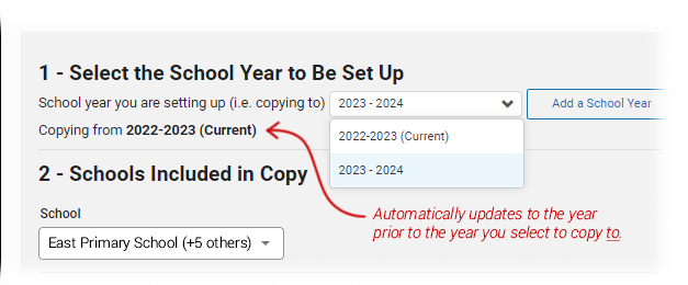 The user is selecting a future school year from the drop-down list; the 'copying from' year automatically changes based on the year chosen.