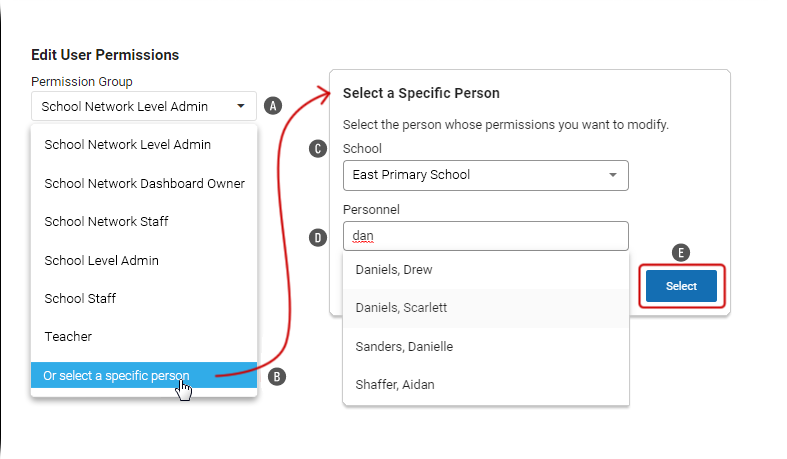 The user has chosen to select a specific person. They have chosen a school from the School drop-down list, and have entered the letters D A N in the Personnel field. Four possible matches are shown. The Cancel and Select buttons are at the bottom.