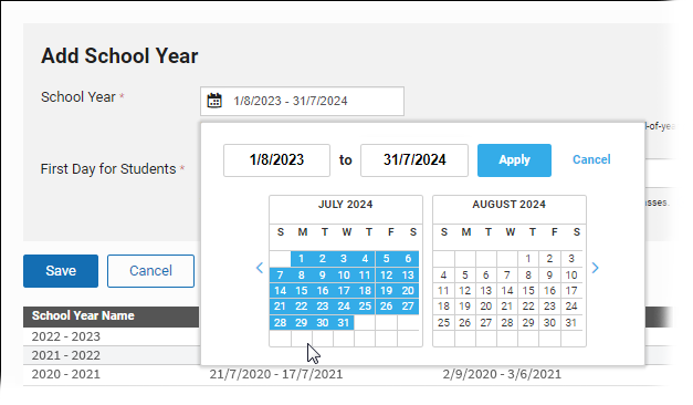 A pop-up calendar is open, allowing the user to choose the dates. The dates can also be entered in the fields above the calendar. The Apply and Cancel buttons are in the upper-right corner of the pop-up window.