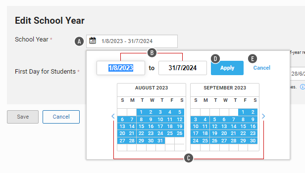 The user is editing the start and end dates for the school year. A pop-up calendar is open, allowing the user to choose the dates. The dates can also be changed in the fields above the calendar. The Apply and Cancel buttons are in the upper-right corner of the pop-up window.