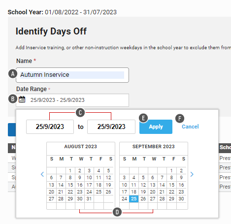 The user has entered a name for the days off, and is about to enter the date range. A pop-up calendar is open, allowing the user to choose the dates. The dates can also be entered in the fields above the calendar. The Apply and Cancel buttons are in the upper-right corner of the pop-up window.