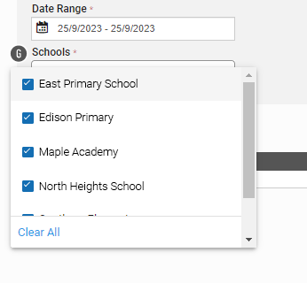 In the Schools drop-down list, tick the schools you want to apply the days off to. Use the link at the bottom of the list to select or de-select all the schools at once.