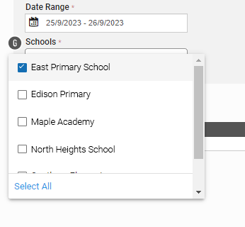 In the Schools drop-down list, tick the schools you want to apply the days off to. Use the link at the bottom of the list to select or de-select all the schools at once.