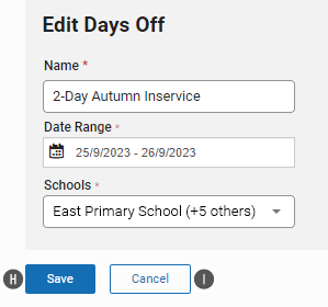 The Save and Cancel buttons are below the Schools drop-down list.