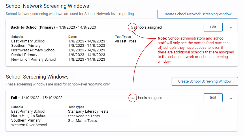 The arrows to the right of a school network and a school screening window have been selected, and the schools the windows are assigned to are listed, along with the dates and the test types the window affects. School administrators and school staff will only see the names of (and number of) schools they have access to, even if there are additional schools that are assigned to the school network or school screening window.