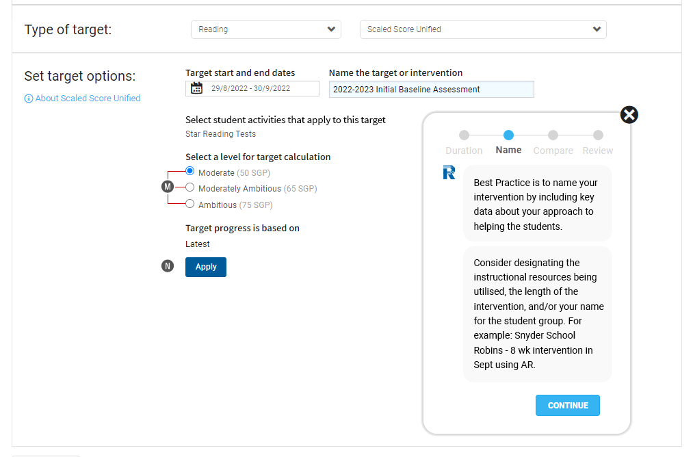 In this example, Reading is the target category, and Scaled Score Unified is the target type. The user must select levels for target calculations; the Apply button is at the bottom.