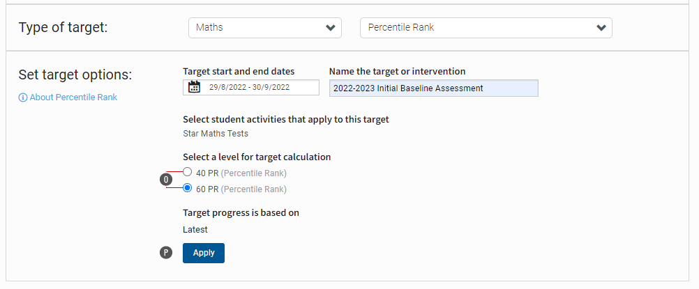 In this example, Maths is the target category, and Percentile Rank is the target type. The user must select levels for target calculation; the Apply button is at the bottom.