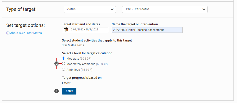 In this example, Maths is the target category, and SGP - Star Maths is the target type. The user must select levels for target calculation; the Apply button is at the bottom.