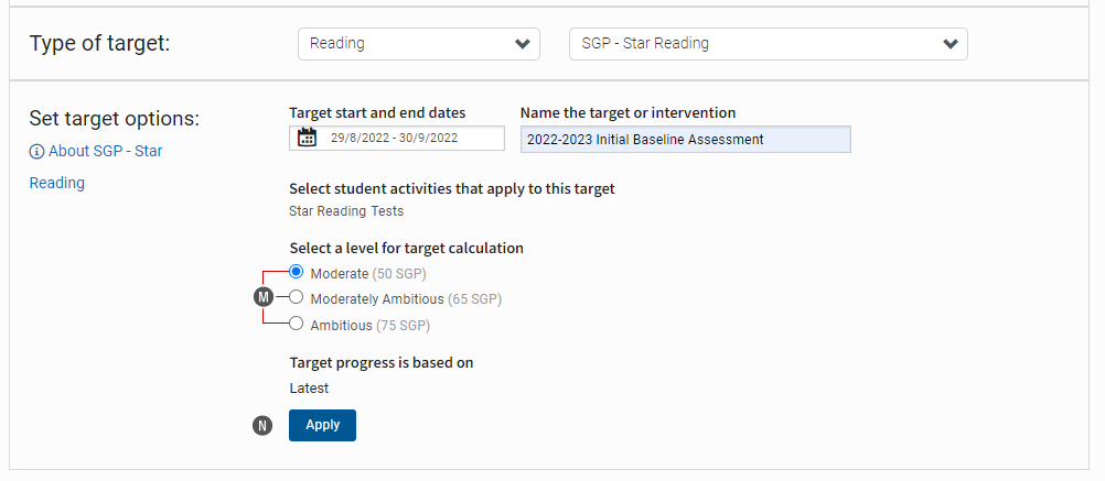 In this example, Reading is the target category, and SGP - Star Reading is the target type. The user must select which Star Reading tests will apply towards this target: Progress Monitoring and or Enterprise. Levels for target calculation follow; the Apply button is at the bottom.