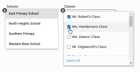 The Schools and Classes drop-down lists.