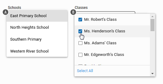 The Schools and Classes drop-down lists.