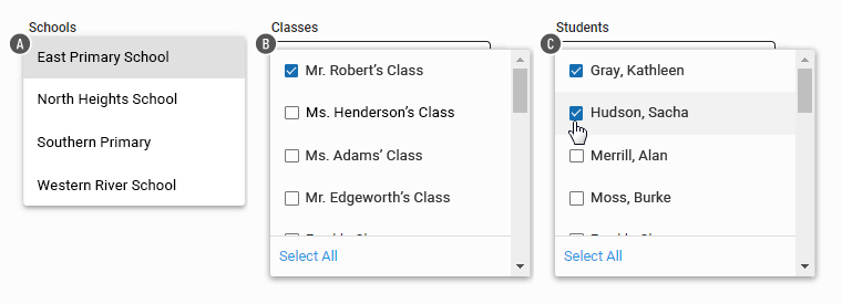 The Schools, Classes, and Students drop-down lists.