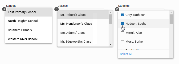 The Schools, Classes, and Students drop-down lists.