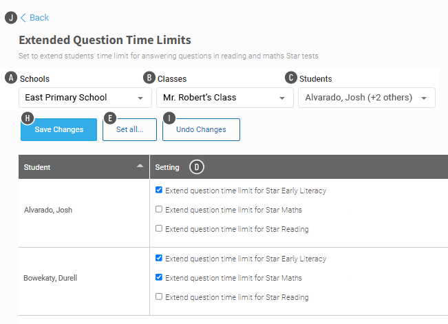 The setting for the preference for two students is shown in a table. The Save Changes, Set All, and Undo Changes buttons are above the table.