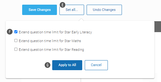 The Set All button has been selected; the setting for all students is in a pop-up window. The Apply to All and Cancel buttons are at the bottom.