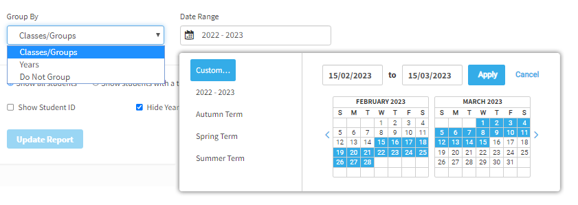 The user has selected a Group By option, and has chosen to select custom dates. A pop-up calendar is open, allowing the user to choose the dates. The dates can also be entered in the fields above the calendar. The Apply and Cancel buttons are in the upper-right corner of the pop-up window.