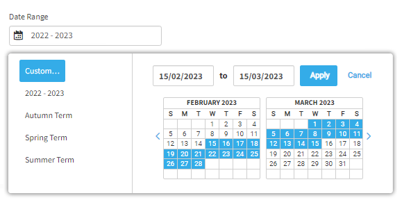 The user has chosen to select custom dates. A pop-up calendar is open, allowing the user to choose the dates. The dates can also be entered in the fields above the calendar. The Apply and Cancel buttons are in the upper-right corner of the pop-up window.