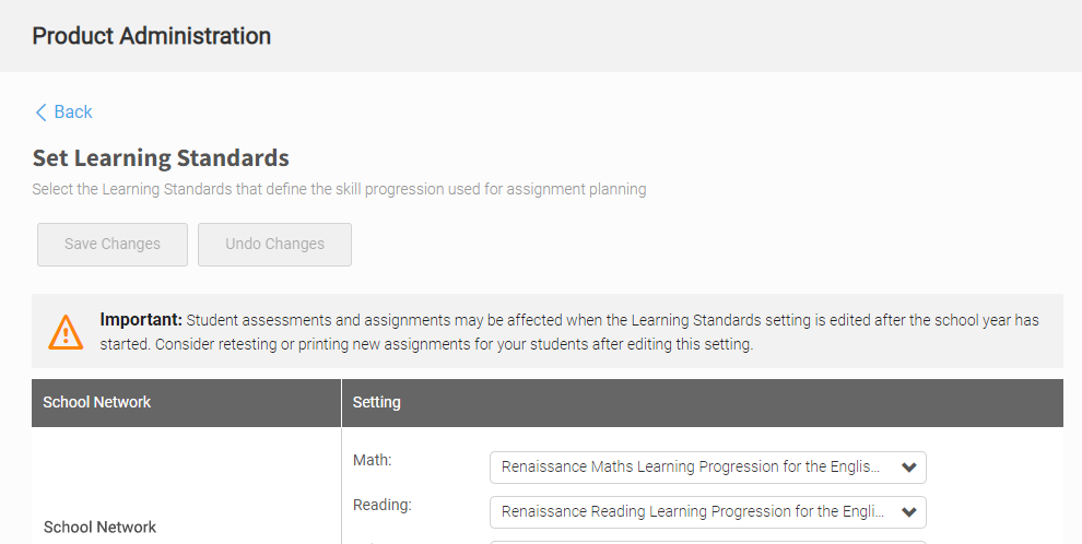 the Set Learning Standards page with the drop-down lists