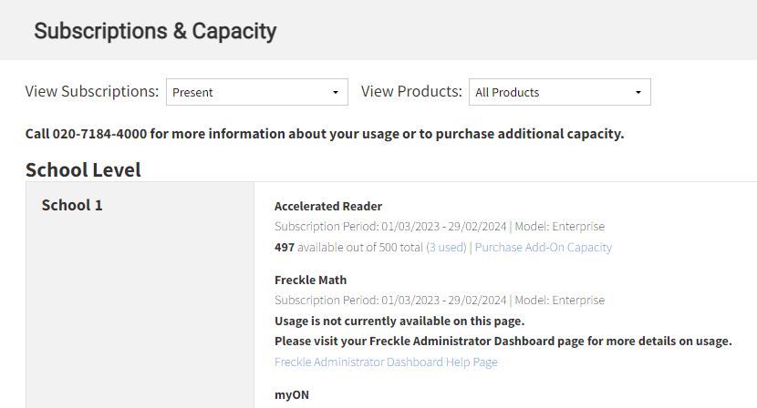 an example of the Subscriptions and Capacity page