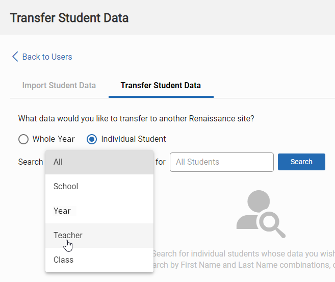 the Search drop-down list with All, School, Year, Teacher, and Class options