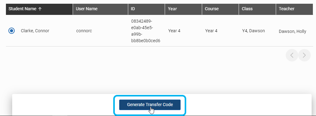 select Generate Transfer Code