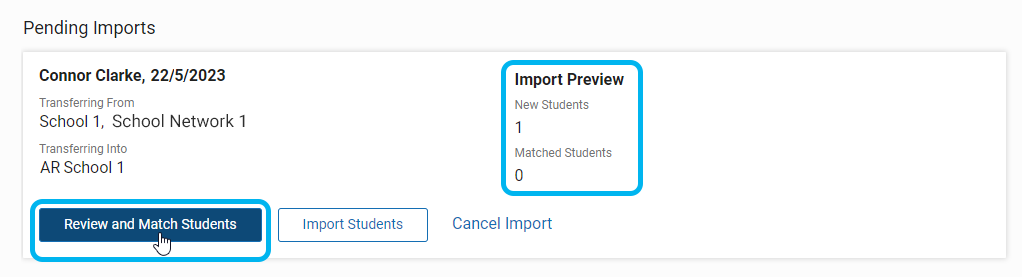 an example of a pending import and the Review and Match Students butotn being selected