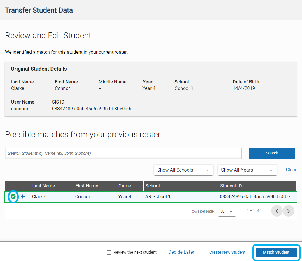 an example of a student with a match selected and the Match Student button
