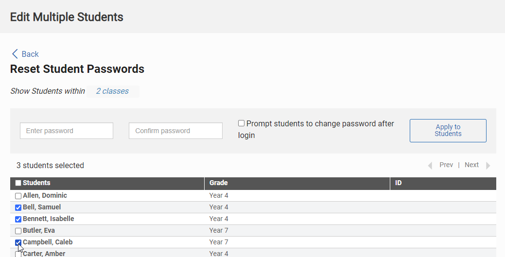 tick the students who need their password changed