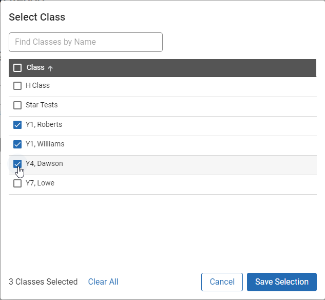 example of the class selection window
