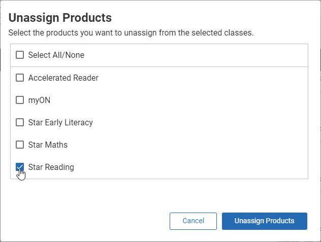 an example of the Unassign Products window