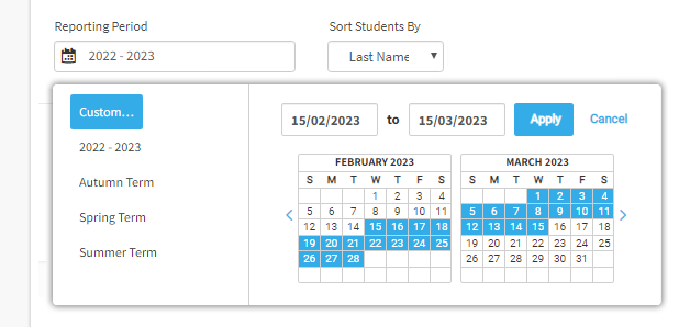 The user has chosen to select custom dates. A pop-up calendar is open, allowing the user to choose the dates. The dates can also be entered in the fields above the calendar. The Apply and Cancel buttons are in the upper-right corner of the pop-up window.