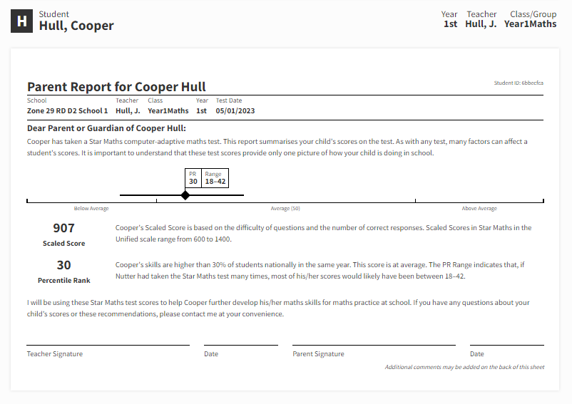 An example report. The results of a student's Star Maths assessment is shown, with all the related scores and explanations of what they mean. The student's Percentile Rank is compared to national averages on a scale at the top. There are signature and date lines at the bottom.