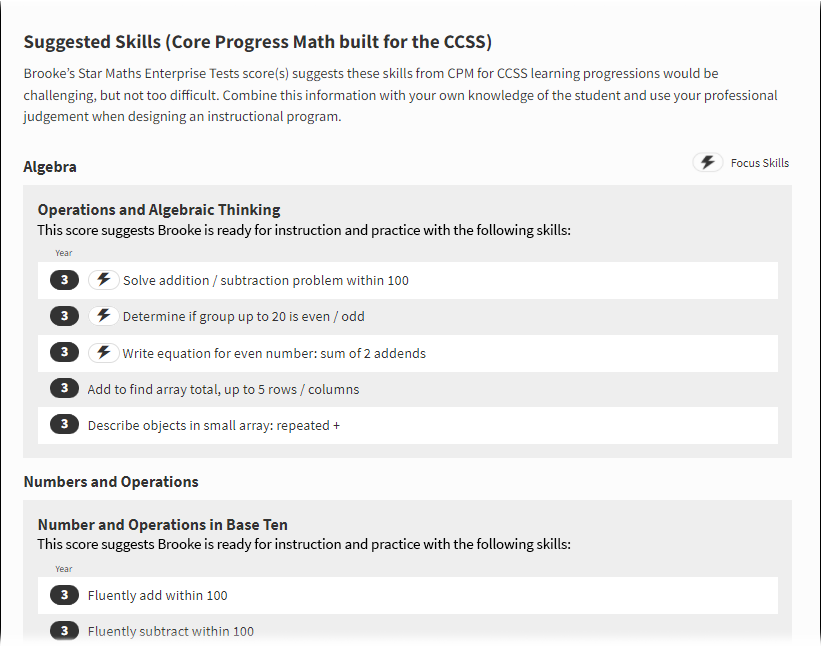 A list of suggested skills for the student, based on their test scores. Focus skills are indicated with an icon.