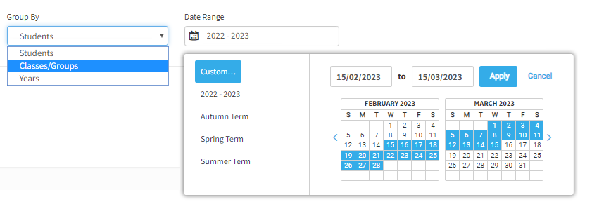 The user has selected a Group By option, and has chosen to select custom dates. A pop-up calendar is open, allowing the user to choose the dates. The dates can also be entered in the fields above the calendar. The Apply and Cancel buttons are in the upper-right corner of the pop-up window.
