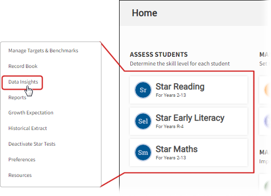 The Star Reading drop-down list, with Data Insights selected.