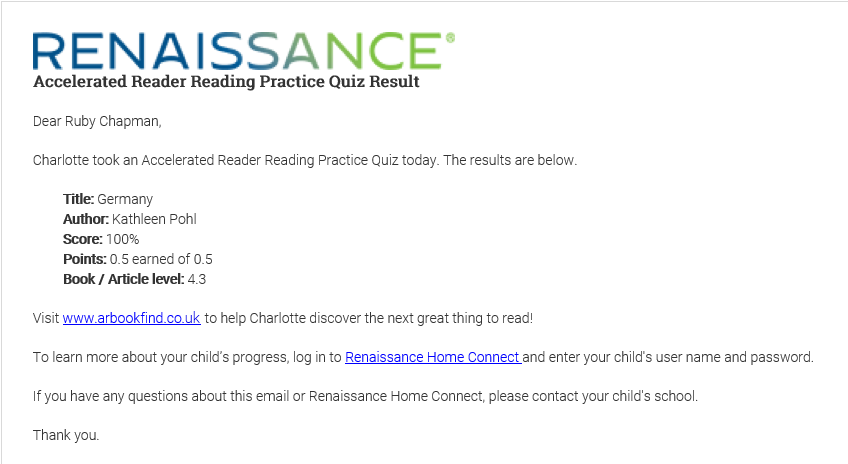 an example of an email sent after an Accelerated Reader quiz