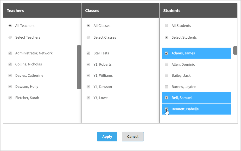 the window for selecting teachers, classes, and students