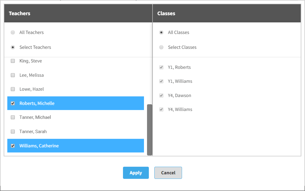 the selection window for selecting teachers and classes