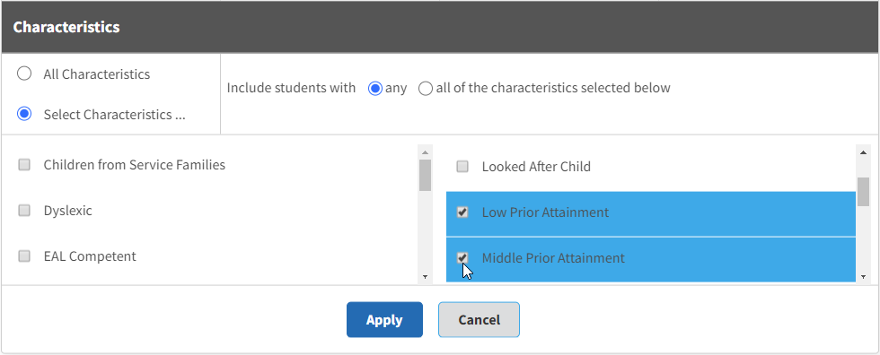 the demographics window with two characteristics selected