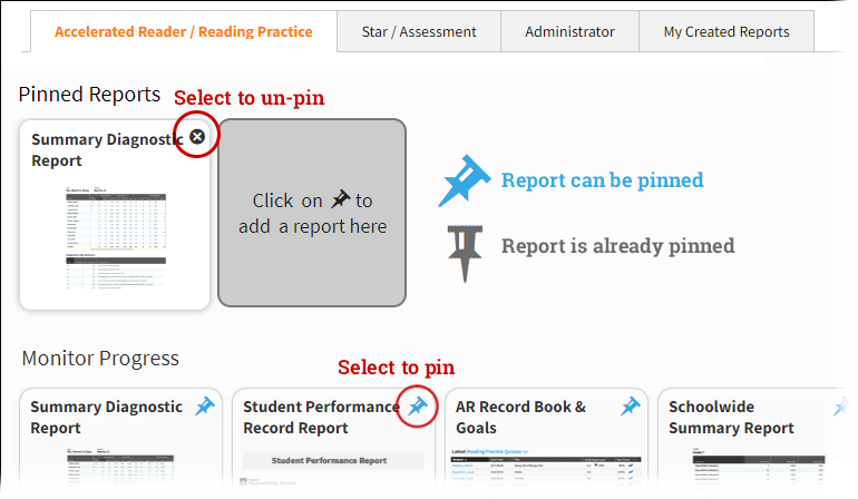 The Accelerated Reader - Reading Practice tab, with one pinned report. The pinned report has an X in the upper-right corner to un-pin it. Reports on the tab that have not been pinned have a blue pushpin icon, which you can select to pin the report. Reports that have already been pinned are still shown in their usual location on the tab, but the pushpin icon is grey instead of blue.