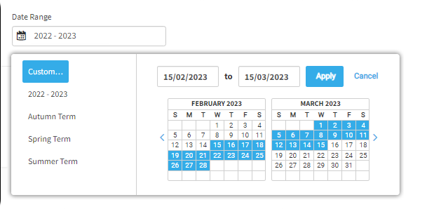 The user has chosen to select custom dates. A pop-up calendar is open, allowing the user to choose the dates. The dates can also be entered in the fields above the calendar. The Apply and Cancel buttons are in the upper-right corner of the pop-up window.