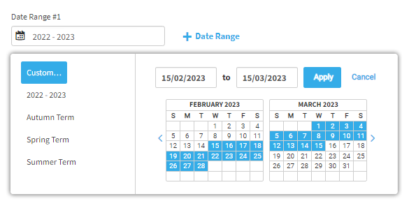 The user has chosen to select custom dates. A pop-up calendar is open, allowing the user to choose the dates. The dates can also be entered in the fields above the calendar. The Apply and Cancel buttons are in the upper-right corner of the pop-up window.