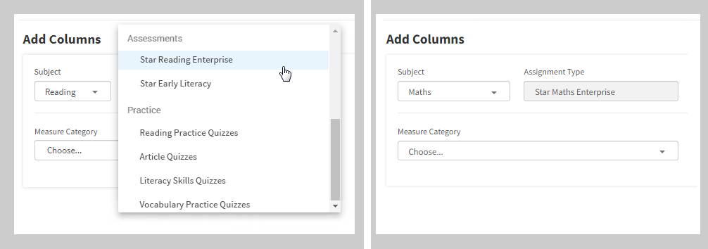 On the left, with Reading as the selected subject, there are six assessments and six practices that can be selected as the Assignment Type. On the right, with Maths as the selected subject, Star Maths (the only option) is automatically selected as the Assignment Type.